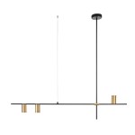 Lungo lampa wisząca 3xGU10 w kolorze czarnym i złotym, z trzema cylindrycznymi kloszami. Ułożona poziomo, z metalowym stelażem i długim przewodem. Prosta, nowoczesna konstrukcja.