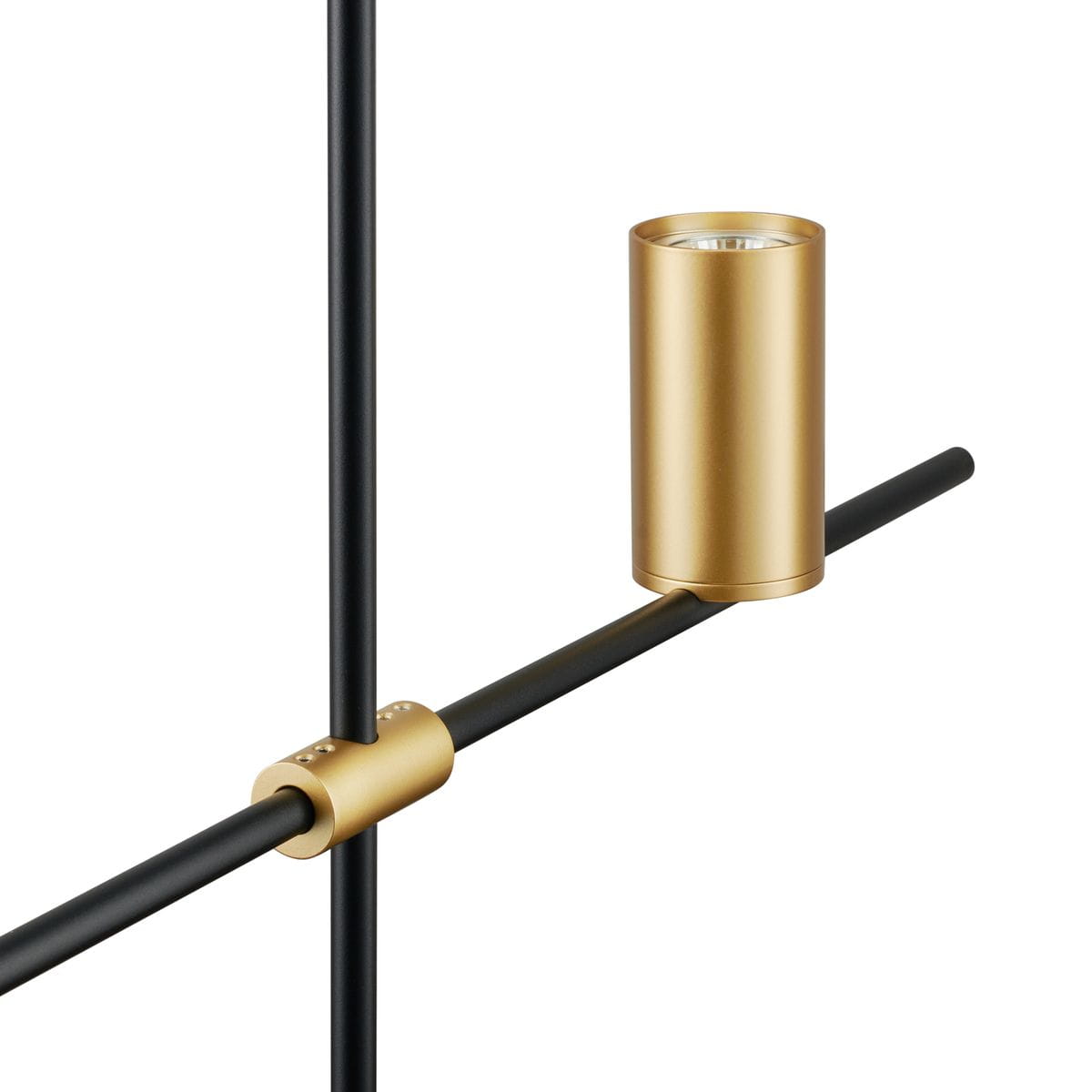 Lungo lampa wisząca z trzema oprawami GU10, w kolorze czarnym i złotym. Ujęcie z boku, ukazujące cylindryczną złotą oprawę oraz czarną rurkę. Lampa ma minimalistyczny design z metalowymi akcentami, idealna do nowoczesnych wnętrz.