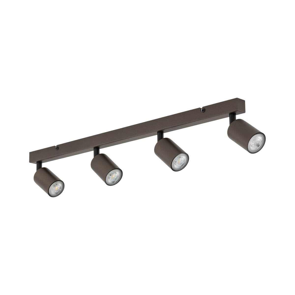 Brązowa lampa sufitowa typu spot z czterema oprawami na żarówki GU10. Ujęcie frontalne, wisząca konstrukcja z prostokątnym mocowaniem i cylindrycznymi kloszami, które kierują światło w dół.