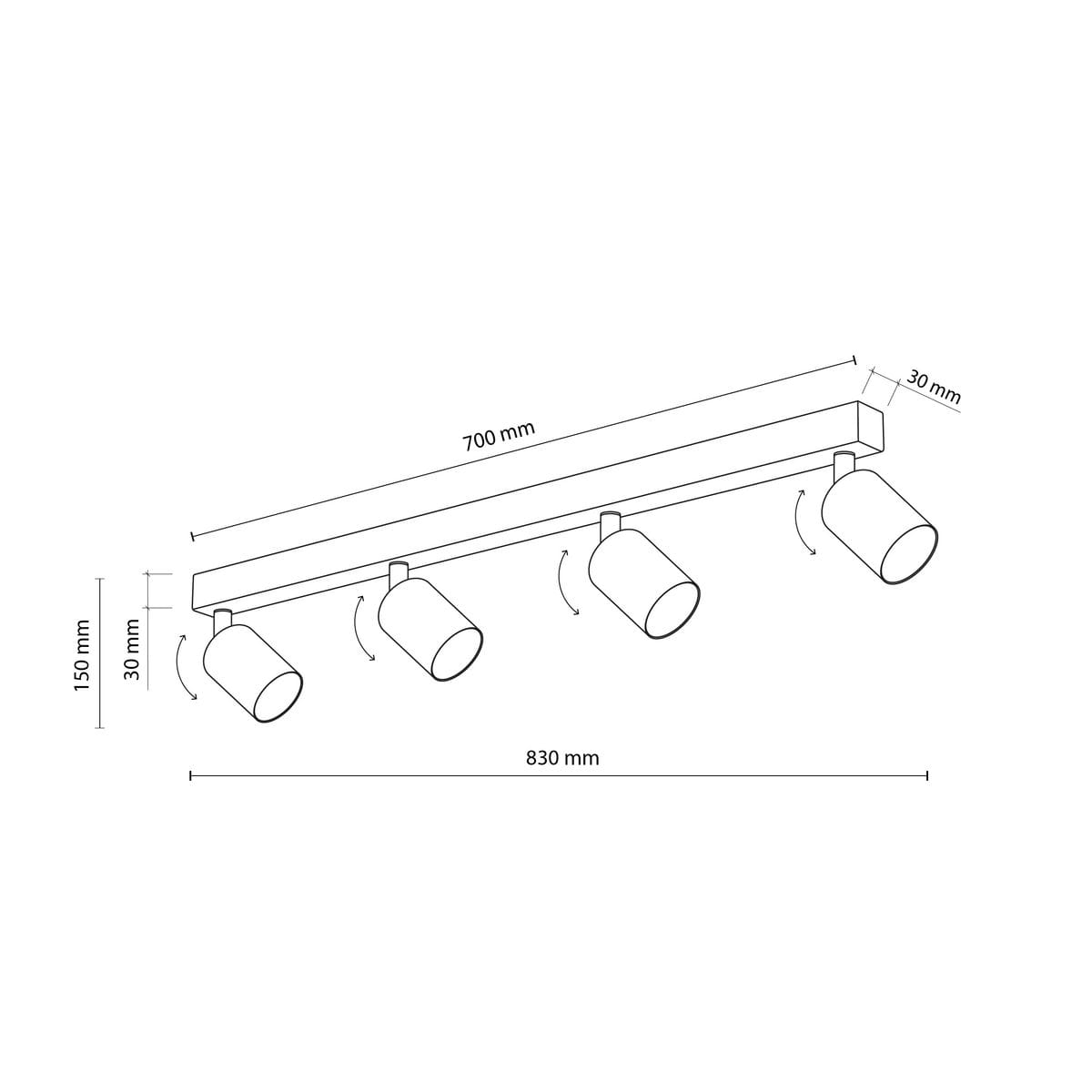 Brązowa lampa sufitowa (spot) z czterema oprawami GU10, zamontowana na prostokątnej listwie. Wymiary: 700 mm długości, 150 mm wysokości, 30 mm szerokości. Z możliwością obrotu reflektorów dla regulacji kierunku światła.