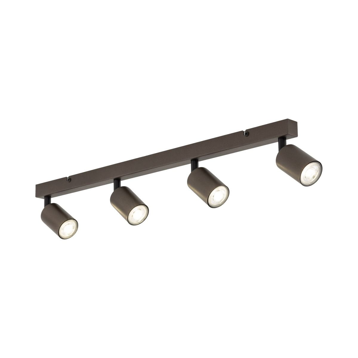 Brązowa lampa sufitowa typu spot z czterema oprawami na żarówki GU10. Ułożona poziomo, z cylindrycznymi kloszami skierowanymi w dół. Prosta konstrukcja, metalowy materiał, idealna do oświetlenia wnętrz.
