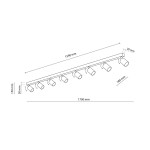 Brązowa lampa sufitowa (spot) z ośmioma oprawami na żarówki GU10. Wymiary: długość 1700 mm, wysokość 150 mm, szerokość 30 mm. Ujęcie z boku, ukazujące szczegóły konstrukcji i rozmieszczenie lamp.