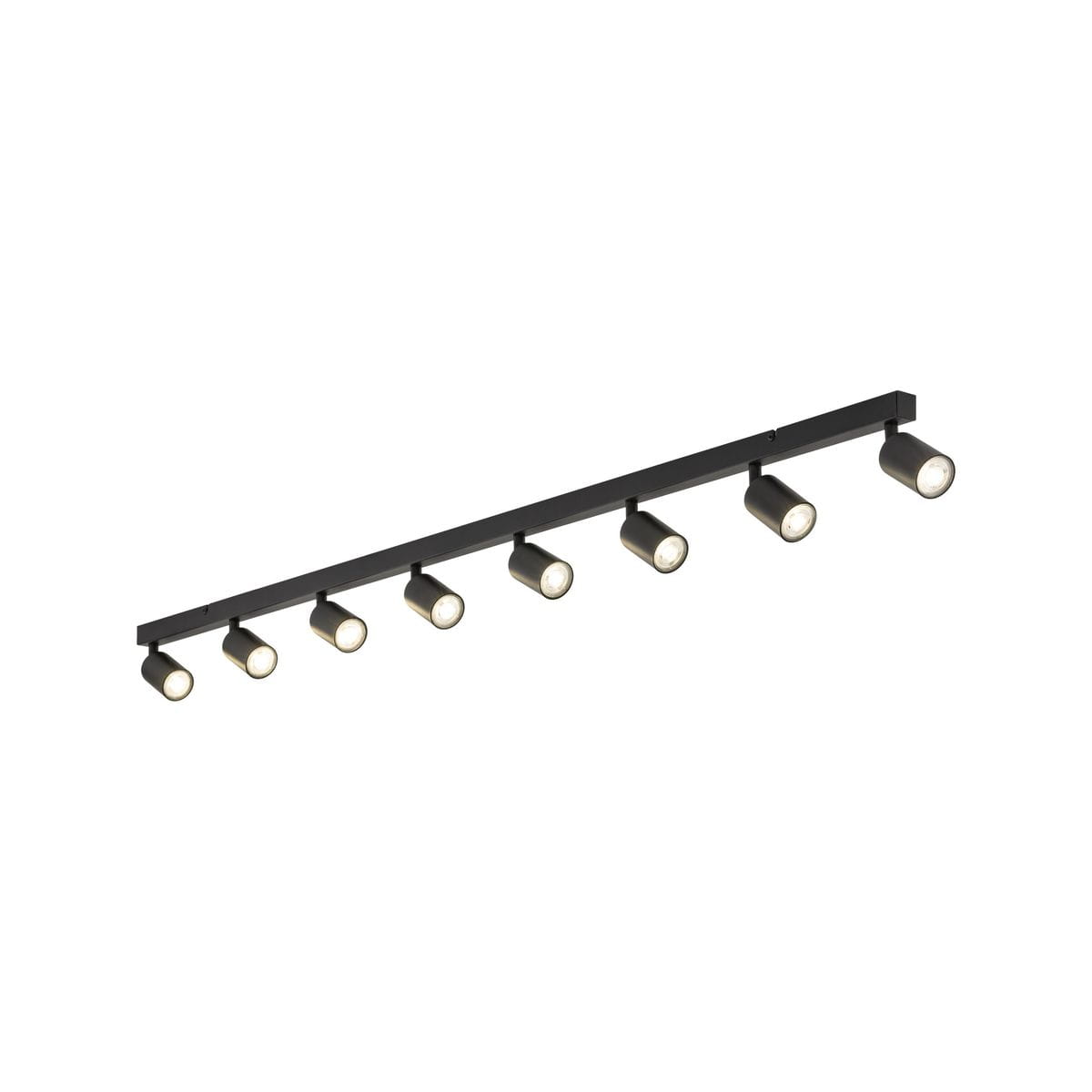 Czarna lampa sufitowa typu spot z ośmioma oprawami na żarówki GU10. Ułożona poziomo, z cylindrycznymi kloszami skierowanymi w dół. Prosty, nowoczesny design, idealna do oświetlenia wnętrz. Tło białe, co podkreśla wygląd lampy.