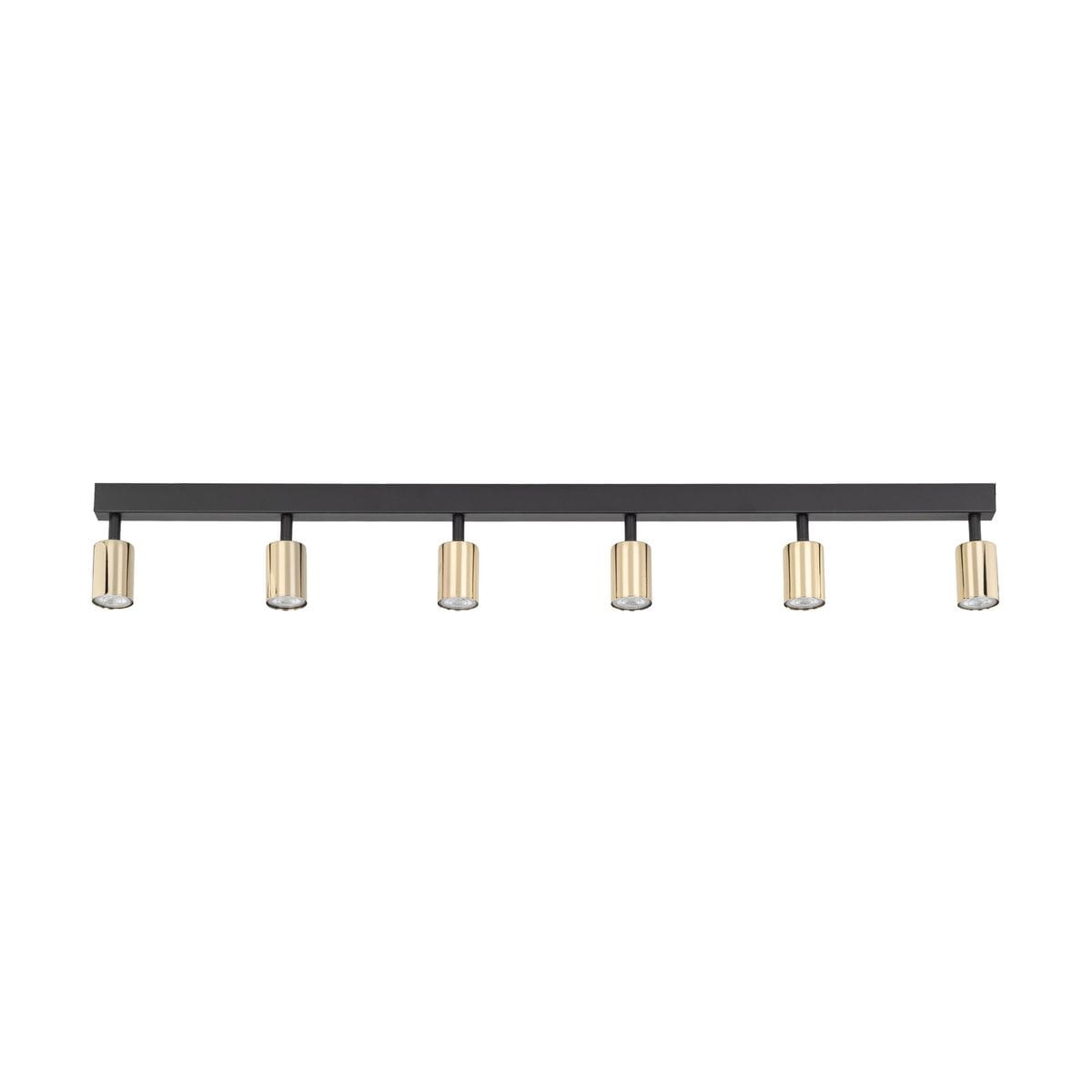Lampa sufitowa w kolorze czarnym z sześcioma złotymi spotami. Ułożona poziomo, każdy spot ma cylindryczny kształt. Całość ma nowoczesny design, idealna do oświetlenia wnętrz. Tło białe, co podkreśla kontrast kolorów.