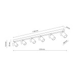 Top lampa sufitowa (spot) w kolorze czarnym z złotymi detalami, z sześcioma reflektorami GU10. Ułożona poziomo, z widocznymi wymiarami 1270 mm długości i 150 mm wysokości, idealna do oświetlenia wnętrz.