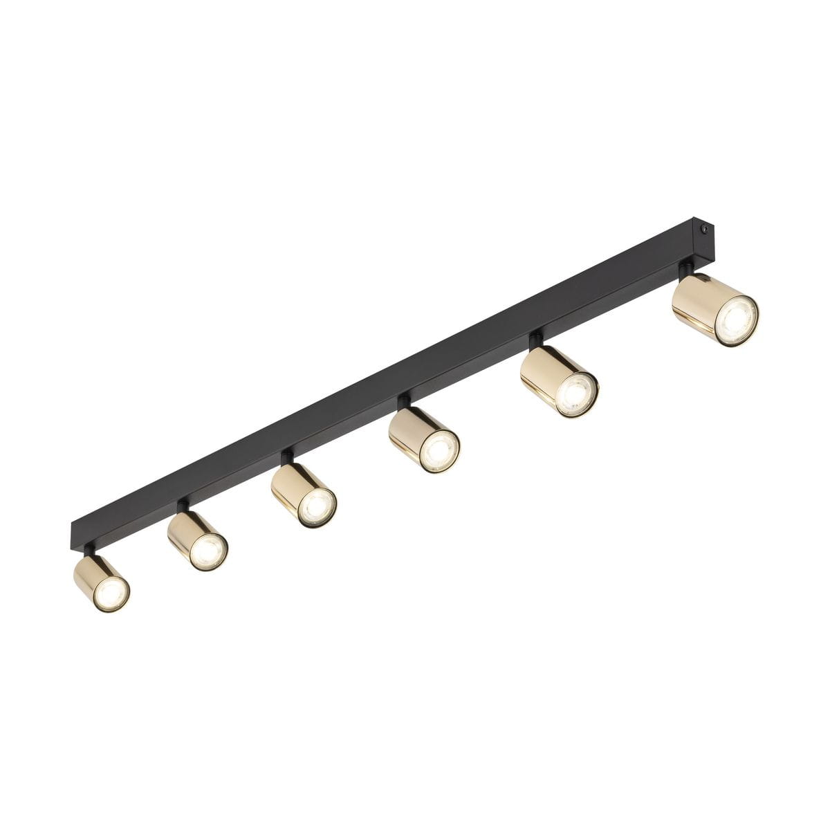 Lampa sufitowa typu spot z sześcioma oprawami GU10, umieszczona na czarnej listwie. Każda oprawa ma złoty klosz. Produkt wisi poziomo, na jednolitym tle, podkreślając elegancki design.