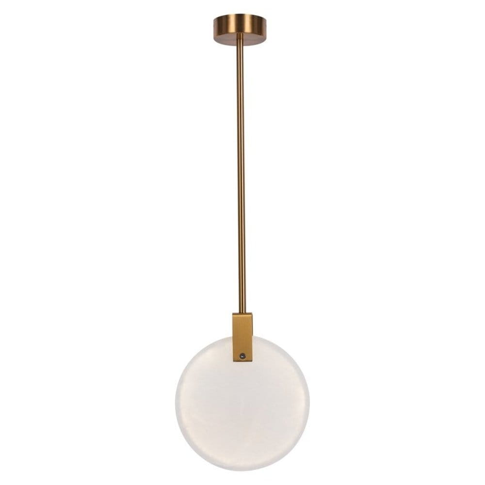 Lampa wisząca Marble D30 w kolorze mosiądzu z przezroczystym kloszem. Posiada długą, prostą rurę mocującą. Klosz w kształcie okręgu, zawieszony na wysokości, z widocznym źródłem światła LED 12W. Tło białe, minimalistyczne.