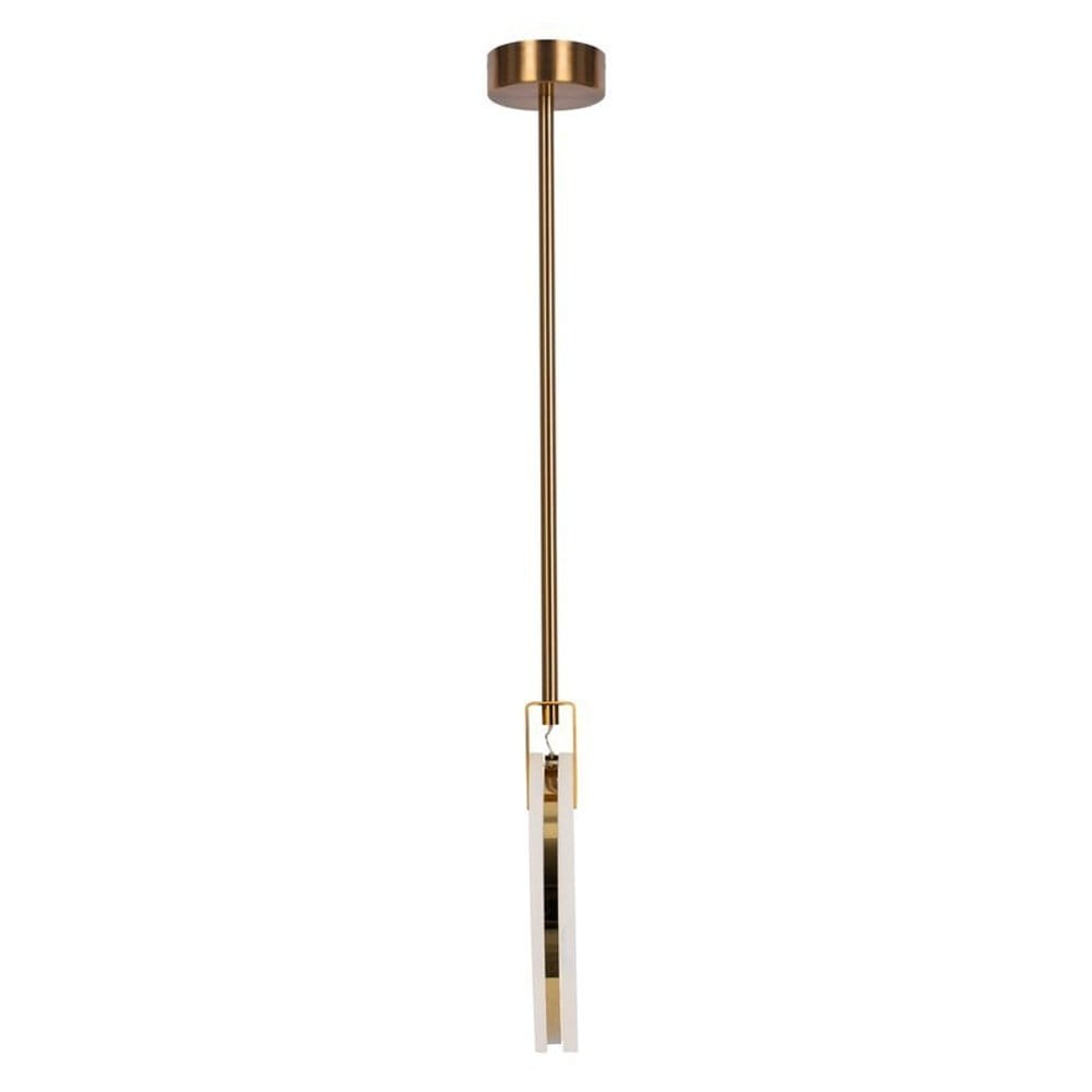Lampa wisząca Marble D30 z mosiądzu, z pojedynczym źródłem LED 12W. Posiada prosty, elegancki kształt z przezroczystymi akcentami. Ujęcie frontalne, zawieszona na długim, cienkim stelażu. Tło białe, co podkreśla jej design.