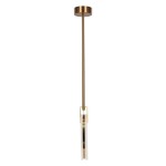 Lampa wisząca Marble D30 z mosiądzu, z pojedynczym źródłem LED 12W. Posiada prosty, elegancki kształt z przezroczystymi akcentami. Ujęcie frontalne, zawieszona na długim, cienkim stelażu. Tło białe, co podkreśla jej design.