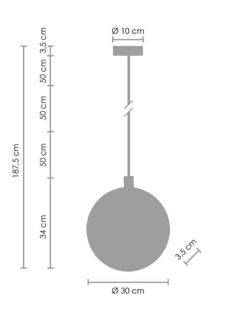 Lampa wisząca Marble D30 z mosiądzu, 1xLED/12W. Okrągła kula o średnicy 30 cm, zawieszona na cienkim przewodzie, z podstawą o średnicy 10 cm. Wysokość całkowita 187,5 cm, z możliwością regulacji.
