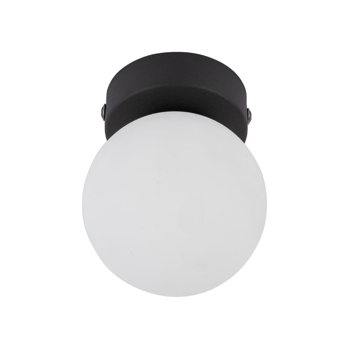 Czarna lampa sufitowa Vox z jedną oprawą G9, z okrągłym, matowym kloszem w kolorze białym. Ujęcie frontalne, ukazujące lampa zamontowaną pod sufitem, z widocznym mocowaniem. Prosta forma, idealna do nowoczesnych wnętrz.