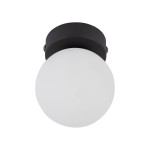 Czarna lampa sufitowa Vox z jedną oprawą G9, z okrągłym, matowym kloszem w kolorze białym. Ujęcie frontalne, ukazujące lampa zamontowaną pod sufitem, z widocznym mocowaniem. Prosta forma, idealna do nowoczesnych wnętrz.