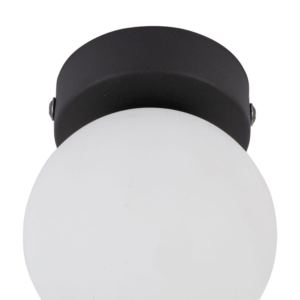 Czarna lampa sufitowa Vox z oprawą na jedną żarówkę G9. Okrągły klosz z matowego szkła w białym kolorze, montowany blisko sufitu. Widoczne mocowanie z czarnym wykończeniem, zapewniające prosty i nowoczesny design.