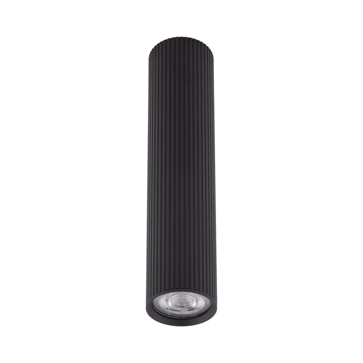 Czarna lampa sufitowa Tune L z 1xGU10, w kształcie cylindrycznym, z teksturowaną powierzchnią. Ujęcie frontalne, lampa zamontowana, z widoczną żarówką na dole. Prosty, nowoczesny design, idealna do różnych wnętrz.
