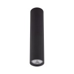 Czarna lampa sufitowa Tune L z 1xGU10, w kształcie cylindrycznym, z teksturowaną powierzchnią. Ujęcie frontalne, lampa zamontowana, z widoczną żarówką na dole. Prosty, nowoczesny design, idealna do różnych wnętrz.