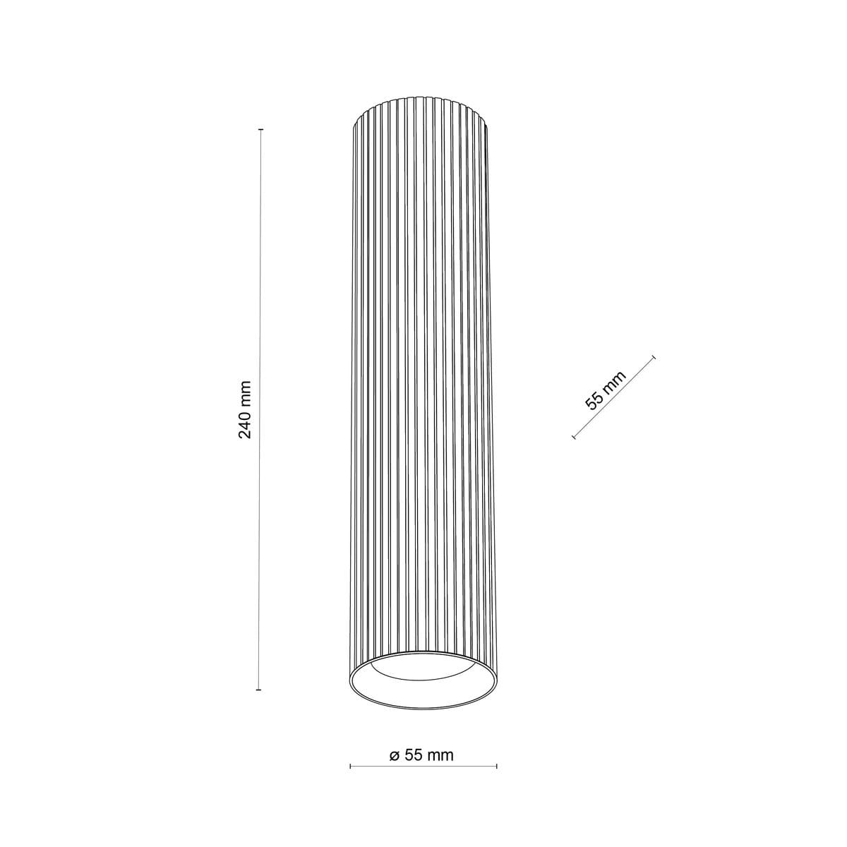 Lampa sufitowa Tune L w kolorze czarnym, o cylindrycznym kształcie, z widocznymi pionowymi żłobieniami. Wymiary: wysokość 240 mm, średnica 55 mm. Przeznaczona na jedną żarówkę GU10. Ujęcie frontalne, na białym tle.