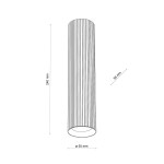 Lampa sufitowa Tune L w kolorze białym, o cylindrycznym kształcie z pionowymi żłobieniami. Wymiary: 240 mm wysokości, średnica 55 mm. Przeznaczona na żarówkę GU10, montowana sufitowo. Prosta, nowoczesna forma pasująca do różnych wnętrz.