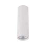 Lampa sufitowa Tune M w kolorze białym, cylindryczna, z poziomymi żłobieniami, wyposażona w jedno gniazdo GU10. Ujęcie z góry, lampa zawieszona, widoczna żarówka na dole. Idealna do nowoczesnych wnętrz.