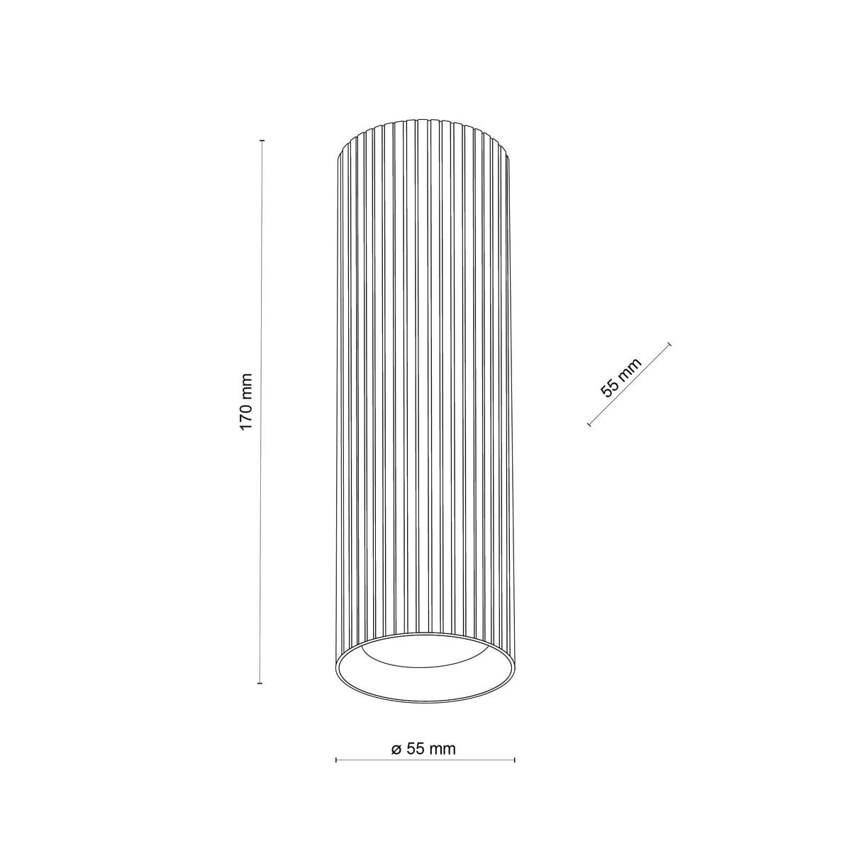 Lampa sufitowa Tune M w kolorze białym, o cylindrycznym kształcie, z wymiennym źródłem światła GU10. Wymiary: wysokość 170 mm, średnica 55 mm. Posiada dekoracyjne rowki na powierzchni. Montaż sufitowy, idealna do nowoczesnych wnętrz.
