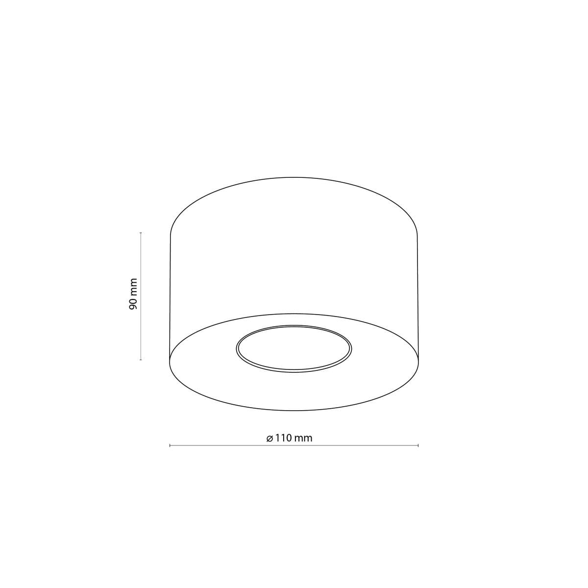 Lampa sufitowa Orion 1xGU10 w kolorze złotym, o kształcie cylindrycznym. Wymiary: średnica 110 mm, wysokość 90 mm. Widok z góry, pokazujący otwór na żarówkę oraz gładką, błyszczącą powierzchnię.