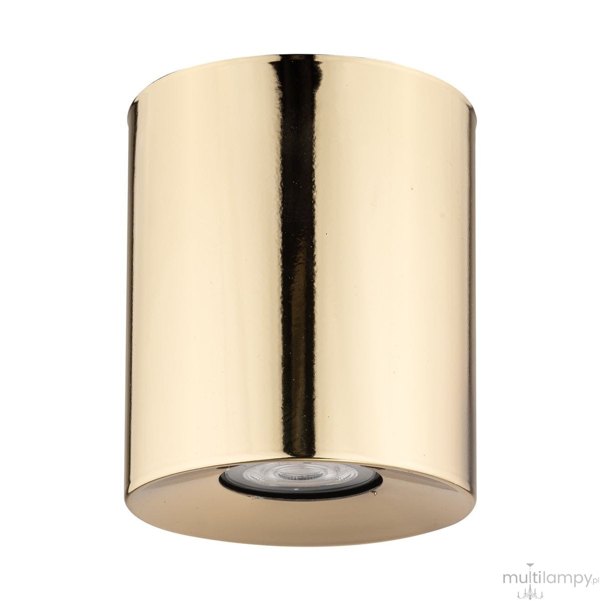 Lampa sufitowa Orion w kolorze złotym, o cylindrycznym kształcie, z miejscem na jedną żarówkę GU10. Ujęcie frontalne, lampa zamontowana na suficie, z widoczną refleksyjną powierzchnią.