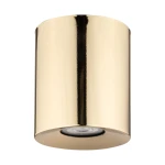 Lampa sufitowa Orion w kolorze złotym, o cylindrycznym kształcie, z miejscem na jedną żarówkę GU10. Ujęcie frontalne, lampa zamontowana na suficie, z widoczną refleksyjną powierzchnią.