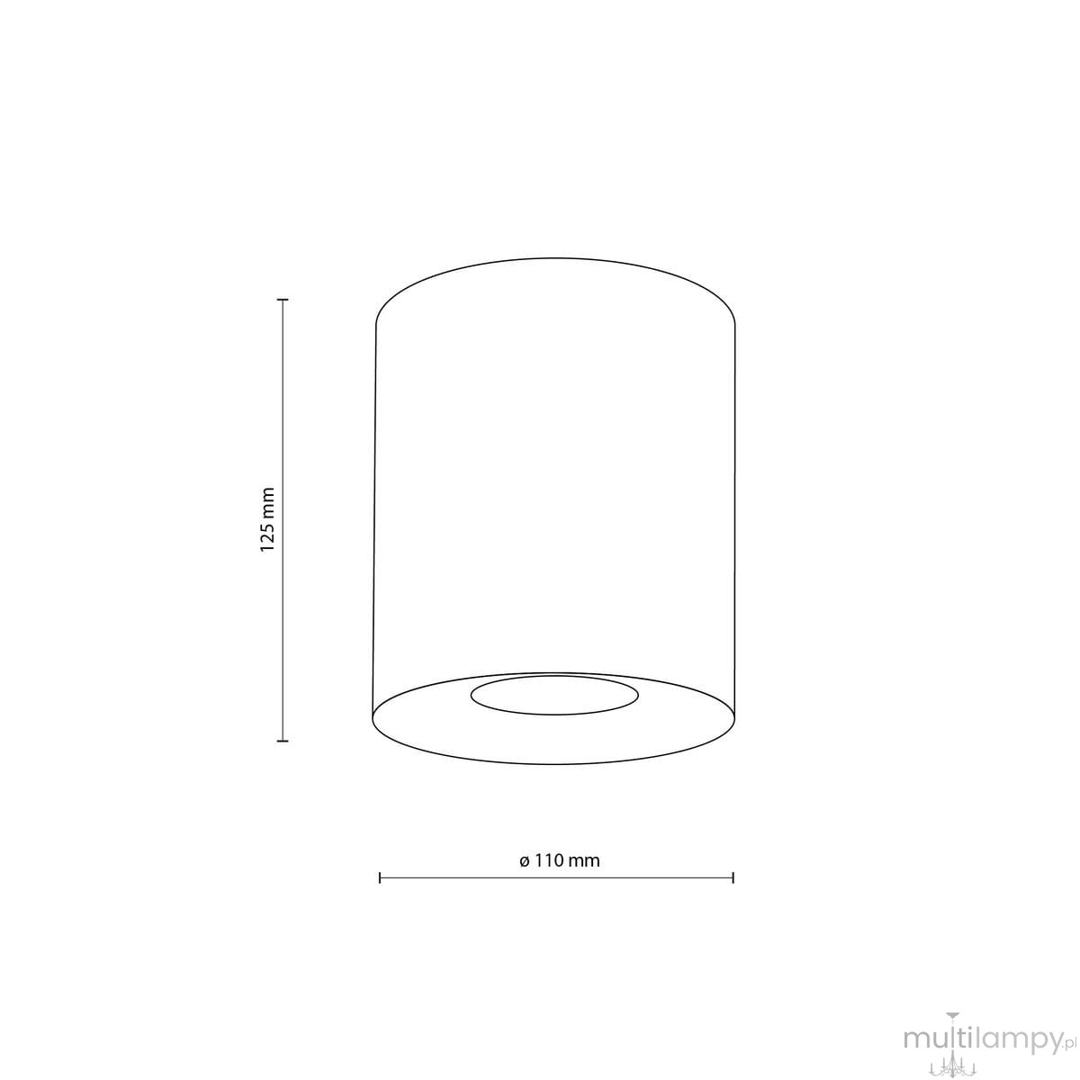 Lampa sufitowa Orion 1xGU10 w kolorze złotym, cylindryczna, z średnicą 110 mm i wysokością 125 mm. Zamontowana w pozycji stojącej, z otworem na żarówkę u góry. Prosta, elegancka forma, bez dodatkowych dekoracji.