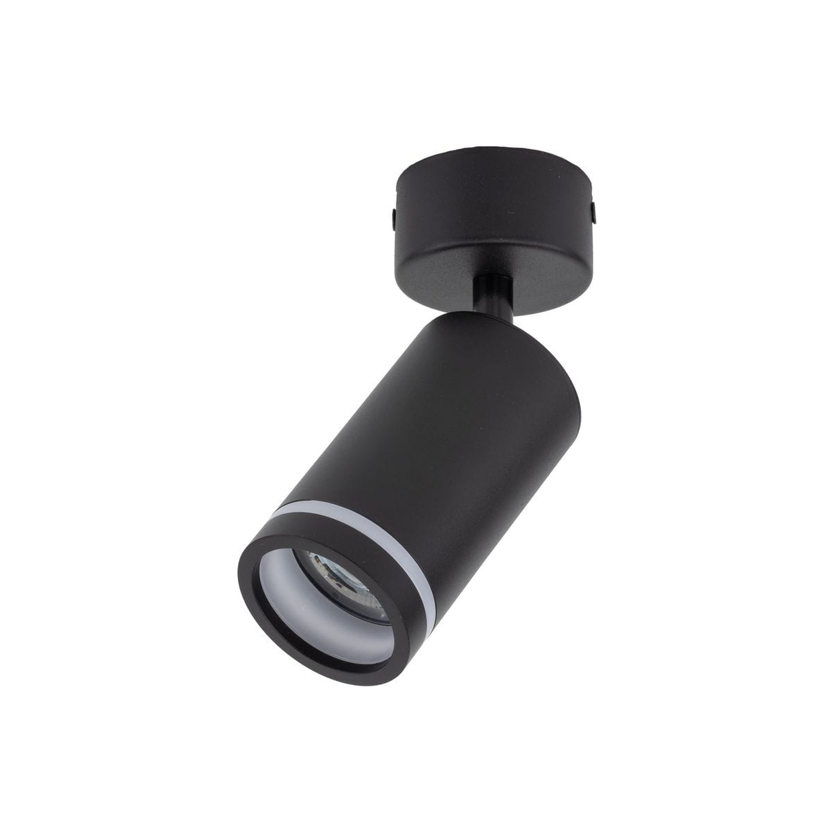 Czarna lampa sufitowa typu spot z jednym gniazdem GU10. Cylindryczny kształt z matowym wykończeniem, zamontowana na okrągłej podstawie. Widoczna soczewka z białym obramowaniem, skierowana w dół. Idealna do oświetlenia wnętrz.