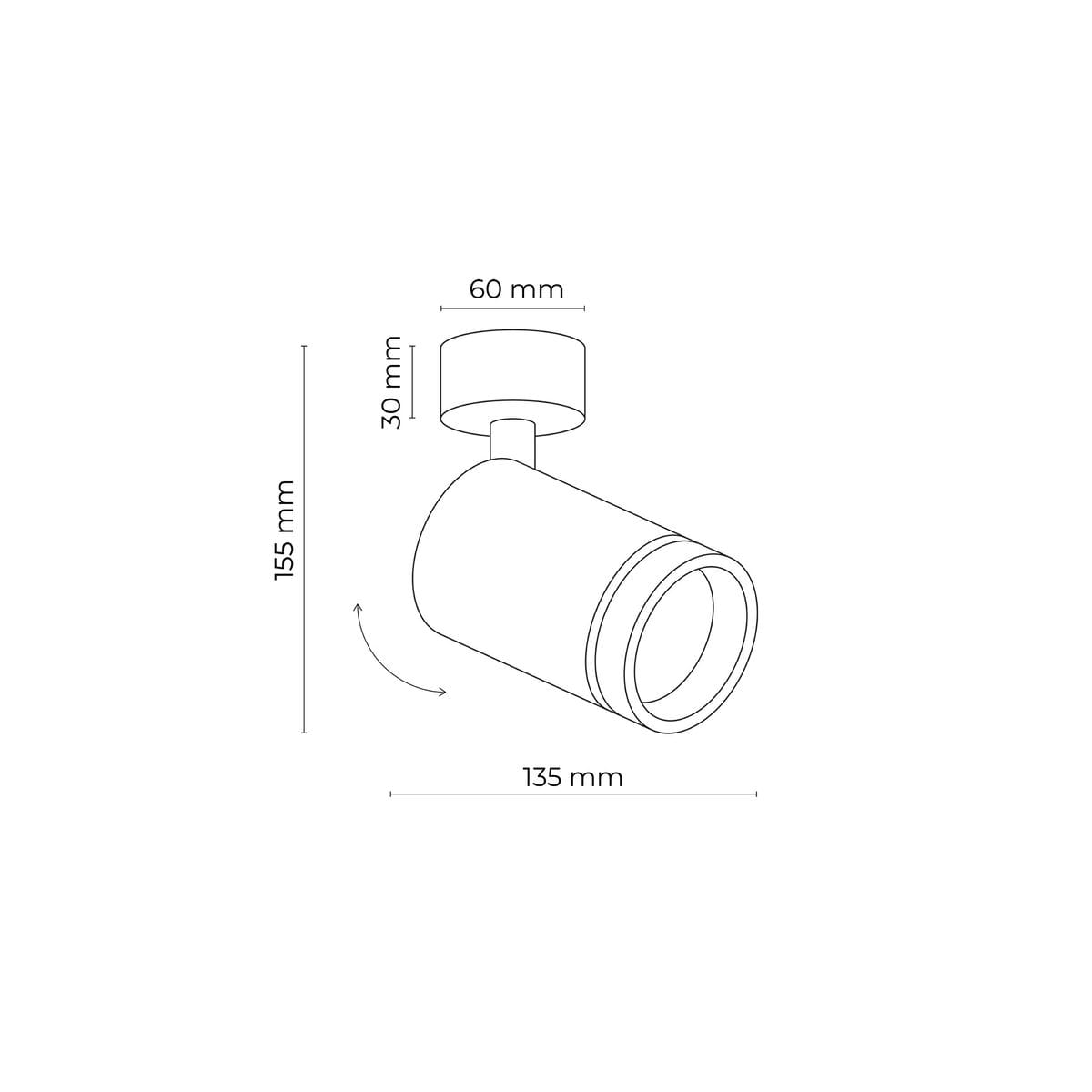 Czarna lampa sufitowa typu spot Jet z jednym gniazdem GU10. Okrągła obudowa o średnicy 60 mm i długości 155 mm, zamontowana na okrągłej podstawie. Wysokość podstawy to 30 mm, lampa może być obrotowa w poziomie.