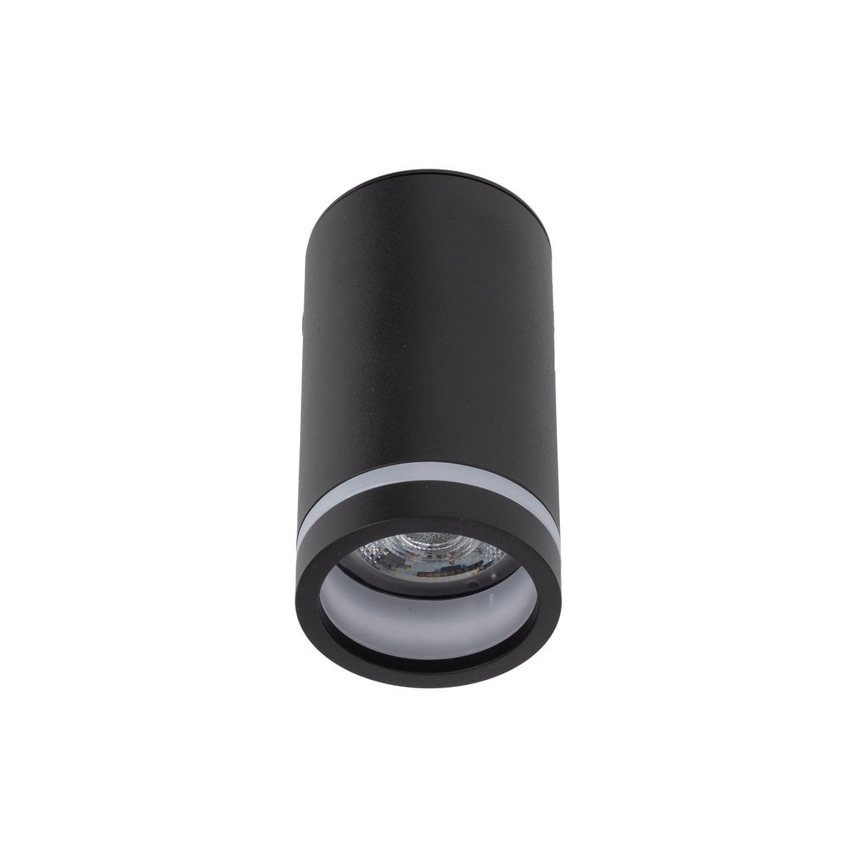 Czarna lampa sufitowa typu spot (1xGU10) w cylindrycznym kształcie, z metaliczną teksturą i białym paskiem u podstawy. Ujęcie frontalne, pokazujące detal klosza z widoczną żarówką, montowana do sufitu. Tło białe.