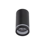 Czarna lampa sufitowa typu spot (1xGU10) w cylindrycznym kształcie, z metaliczną teksturą i białym paskiem u podstawy. Ujęcie frontalne, pokazujące detal klosza z widoczną żarówką, montowana do sufitu. Tło białe.
