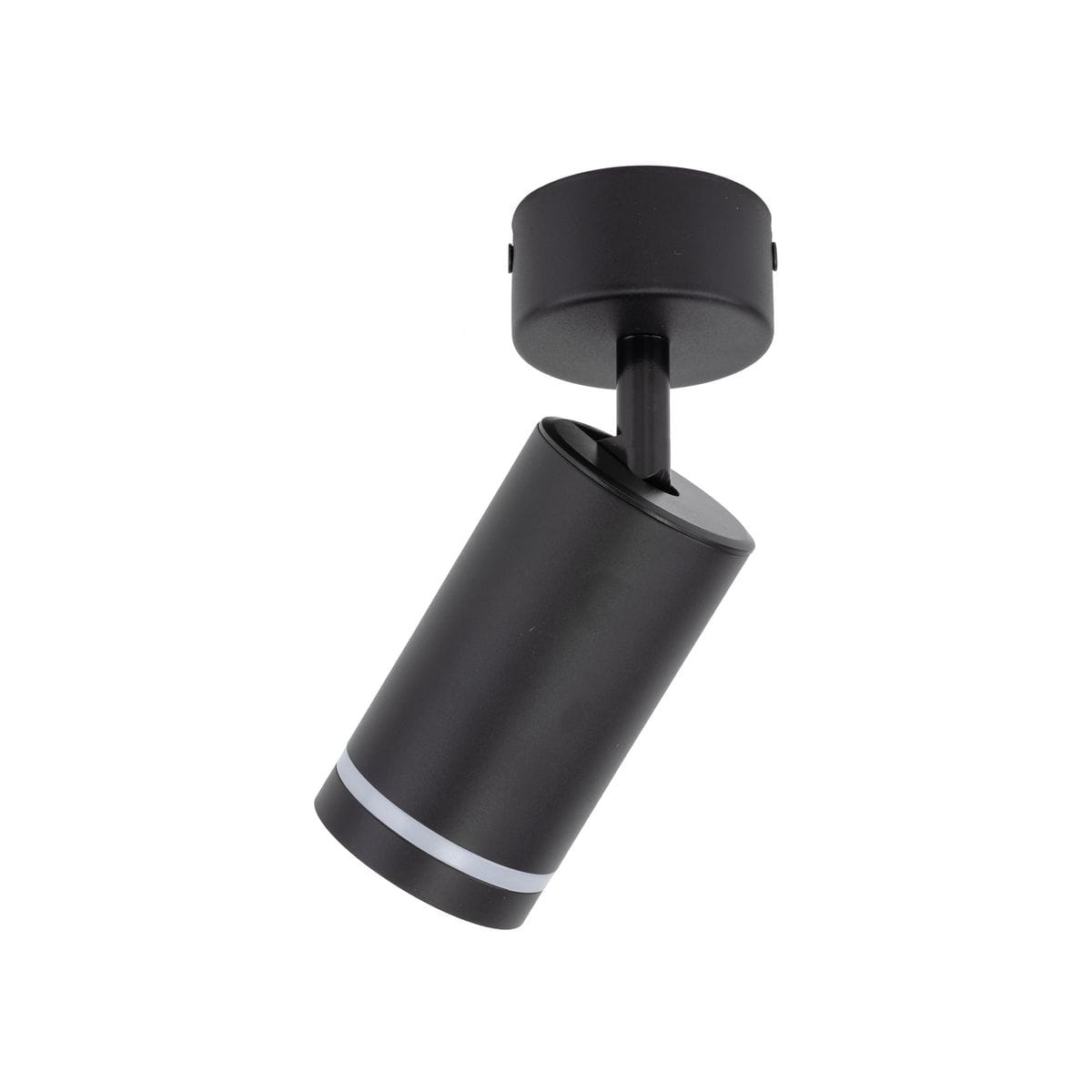 Lampa sufitowa Jet w kolorze czarnym, z reflektorem w kształcie cylindrycznym. Ujęcie z boku, z widocznym mocowaniem sufitowym. Na korpusie znajduje się biały pasek dekoracyjny. Przeznaczona do żarówki GU10.