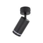 Lampa sufitowa Jet w kolorze czarnym, z reflektorem w kształcie cylindrycznym. Ujęcie z boku, z widocznym mocowaniem sufitowym. Na korpusie znajduje się biały pasek dekoracyjny. Przeznaczona do żarówki GU10.