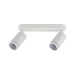 Lampa sufitowa Jet z dwoma reflektorami GU10 w kolorze białym, zamontowana na prostokątnym uchwycie. Reflektory mają cylindryczny kształt i są skierowane w różnych kierunkach, co pozwala na regulację oświetlenia. Tło białe.