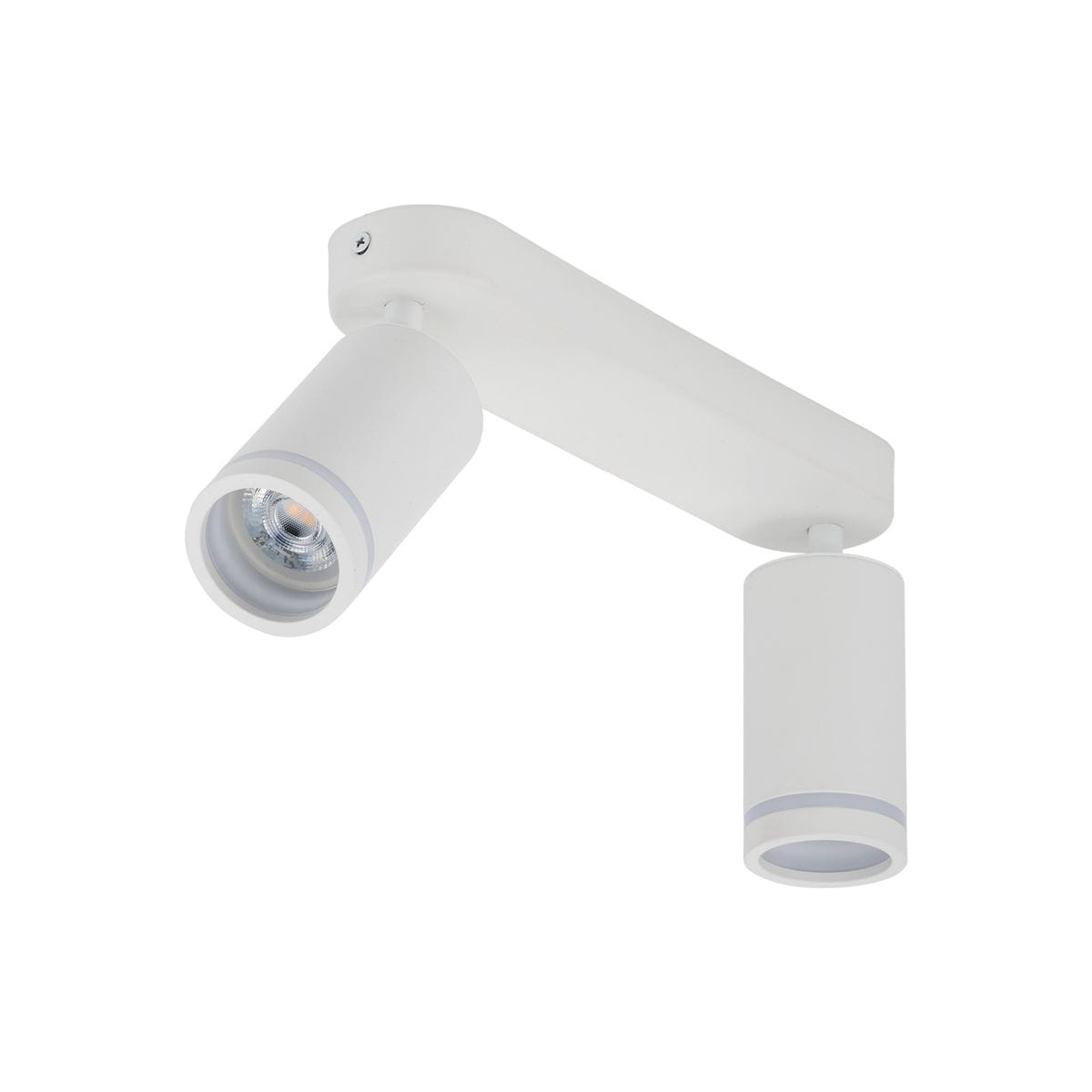 Lampa sufitowa Jet z dwoma reflektorami GU10 w białej obudowie. Prosta konstrukcja z metalowym wspornikiem. Reflektory cylindryczne, jeden z możliwością regulacji. Tło jasne, co podkreśla minimalistyczny design.