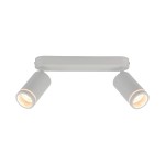 Biała lampa sufitowa z dwoma ruchomymi punktami świetlnymi, wykonana z metalu, montowana na prostokątnej podstawie. Kształt cylindryczny reflektorów z widocznymi żarówkami GU10. Lampa umieszczona w pozycji poziomej, na białym tle.