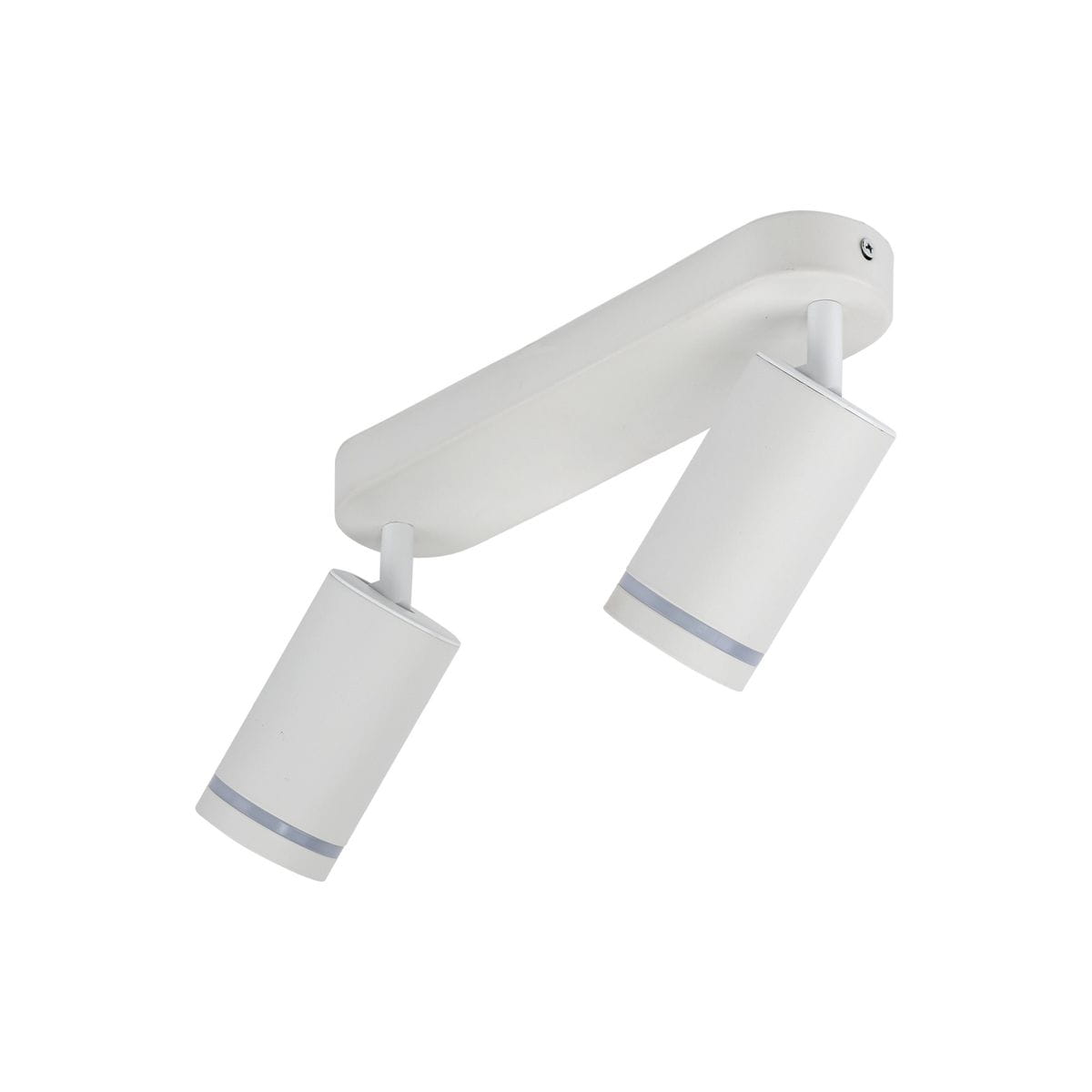Lampa sufitowa Jet w kolorze białym z dwiema oprawami na żarówki GU10. Posiada prostokątną, płaską podstawę oraz cylindryczne klosze z subtelnym paskiem dekoracyjnym. Ujęcie z boku, konstrukcja wisząca.