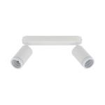 Lampa sufitowa Jet w kolorze białym z dwoma punktami świetlnymi GU10. Ułożona poziomo, z cylindrycznymi kloszami, każdy z możliwością regulacji. Prosta, minimalistyczna konstrukcja na prostokątnej podstawie. Tło jednolite, jasne.