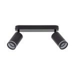 Czarna lampa sufitowa Jet z dwoma reflektorami GU10, zamontowana na prostokątnej podstawie. Reflektory są cylindryczne, z metalicznymi detalami. Produkt umieszczony na jednolitym tle.
