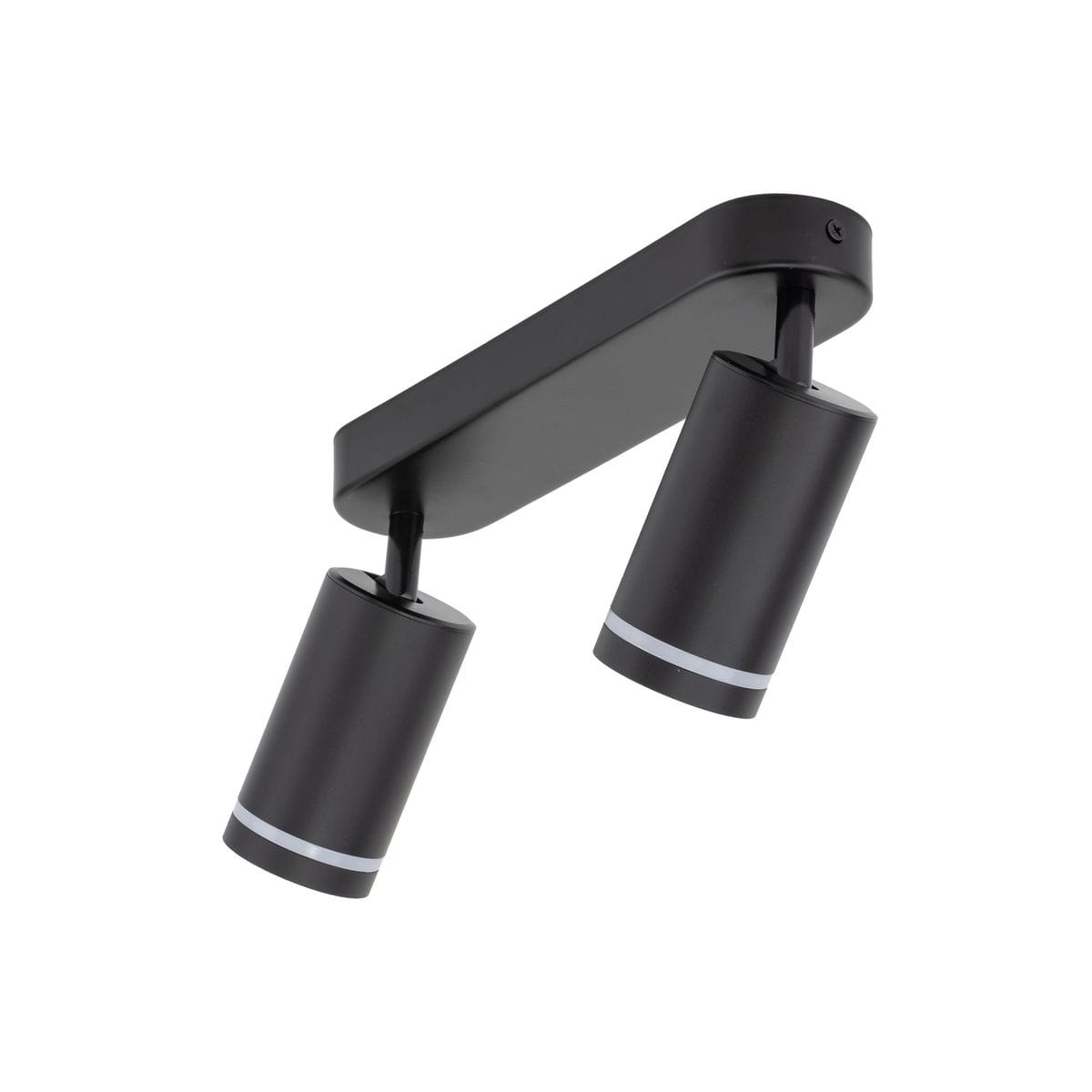 Czarna lampa sufitowa Jet z dwoma reflektorami GU10, umieszczona na prostokątnej podstawie. Reflektory o cylindrycznym kształcie mają metaliczne, szare akcenty. Ujęcie z boku, prezentujące nowoczesny design i funkcjonalność oświetlenia.