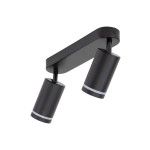 Czarna lampa sufitowa Jet z dwoma reflektorami GU10, umieszczona na prostokątnej podstawie. Reflektory o cylindrycznym kształcie mają metaliczne, szare akcenty. Ujęcie z boku, prezentujące nowoczesny design i funkcjonalność oświetlenia.
