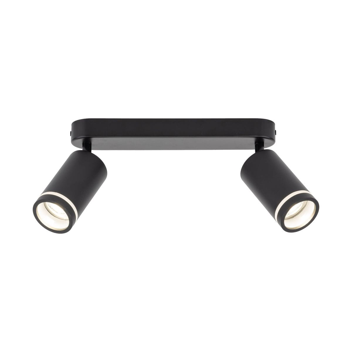 Czarna lampa sufitowa Jet z dwoma reflektorami GU10. Ułożona poziomo, z okrągłymi kloszami, które można regulować. Prosty, nowoczesny design, idealna do oświetlenia wnętrz. Montaż sufitowy na prostokątnej podstawie.