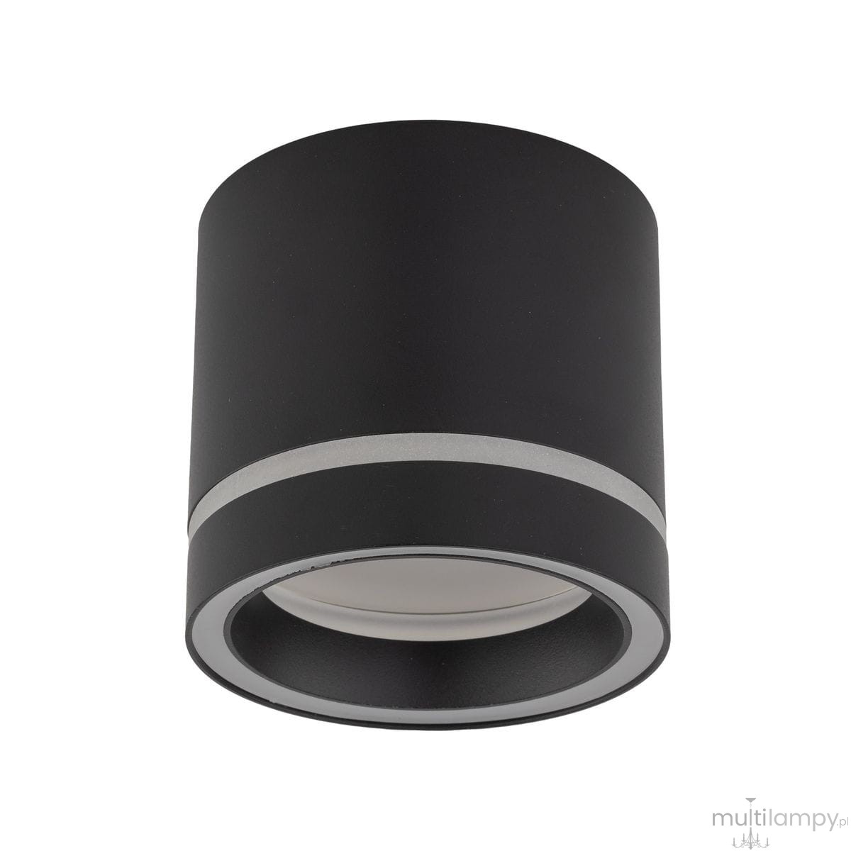 Czarna lampa sufitowa Jet z jedną oprawą GX53. Okrągły kształt, matowa powierzchnia z metalicznym paskiem wzdłuż. Ujęcie frontalne, wisząca, przeznaczona do oświetlenia wnętrz.