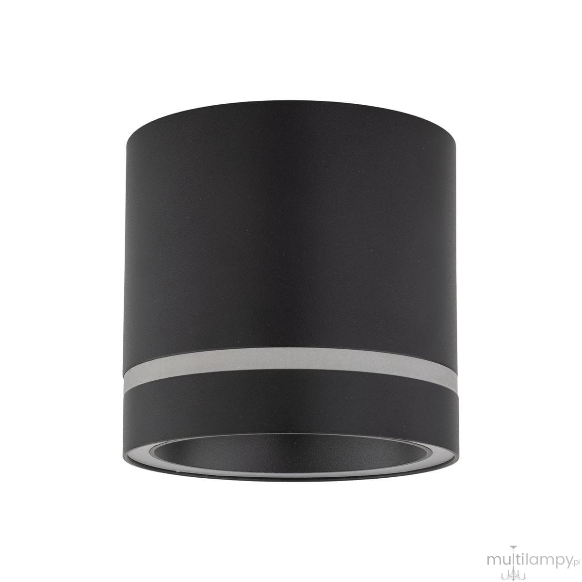 Lampa sufitowa Jet w kolorze czarnym z metalowym akcentem. Okrągły kształt, montowana na suficie, przeznaczona na jedną żarówkę GX53. Gładka, matowa powierzchnia, bez widocznych zdobień.