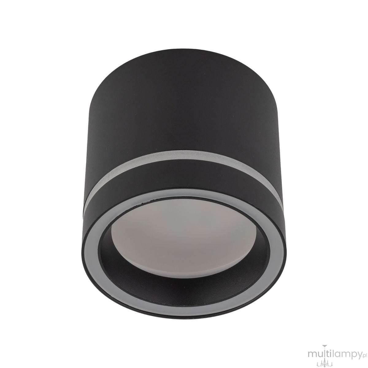 Czarna lampa sufitowa Jet z oprawą na 1xGX53, o cylindrycznym kształcie, z matowym wykończeniem i srebrną linią dekoracyjną u podstawy. Ujęcie z góry, ukazujące wnętrze lampy.