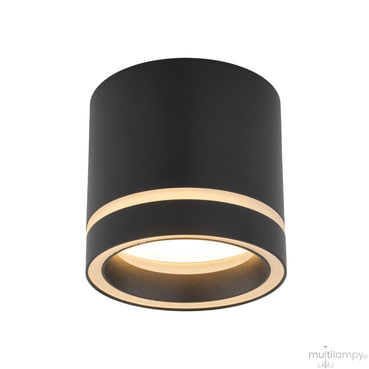 Lampa sufitowa Jet w kolorze czarnym, z jednym miejscem na żarówkę GX53. Okrągły kształt z matowej powierzchni, ozdobiona jasnym pierścieniem u dołu. Montowana do sufitu, widok z boku, eksponująca konstrukcję i detale.