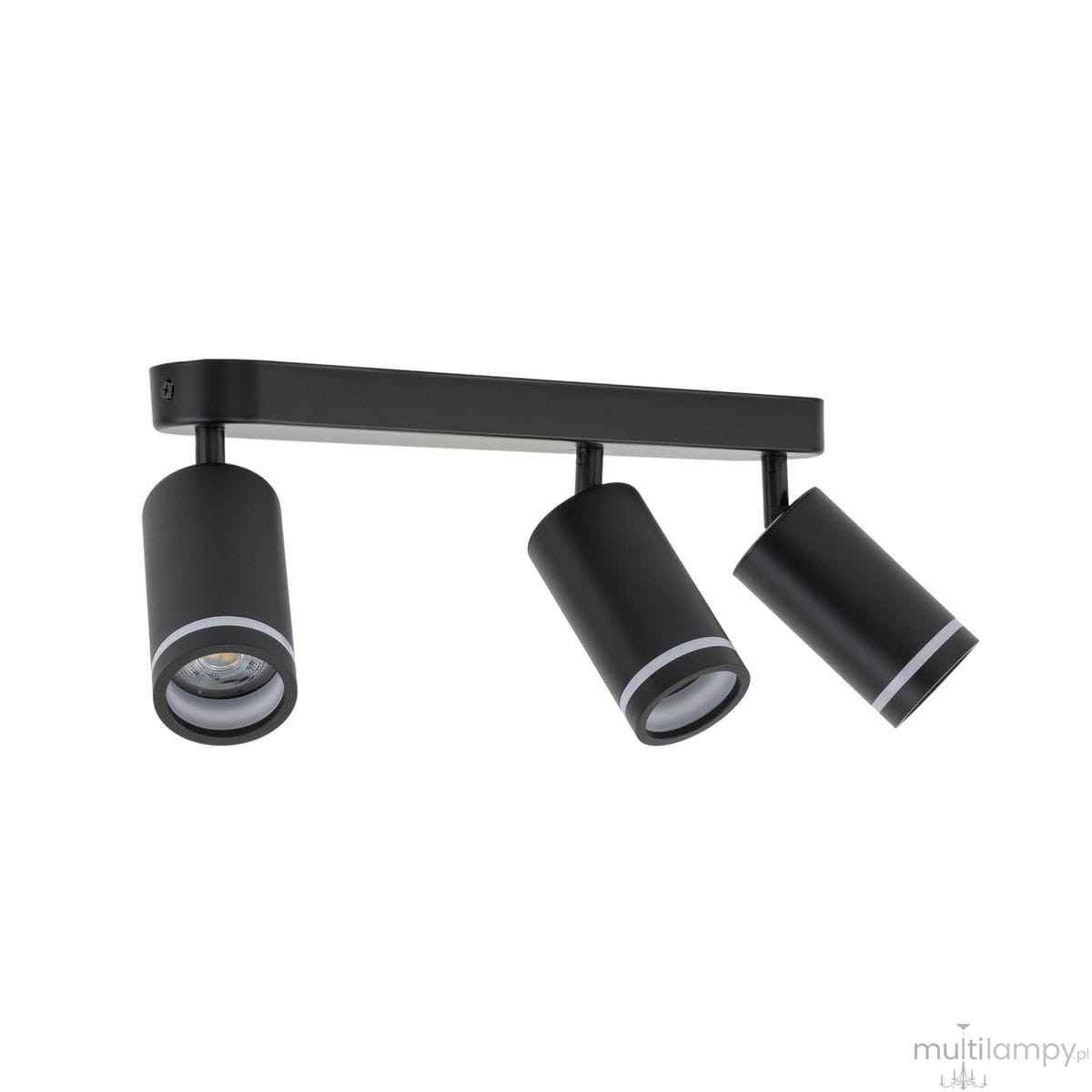 Lampa sufitowa Jet w kolorze czarnym, z trzema reflektorami GU10, zamocowana na prostokątnej podstawie. Reflektory mają cylindryczny kształt i są umieszczone pod kątem, co umożliwia regulację kierunku światła.