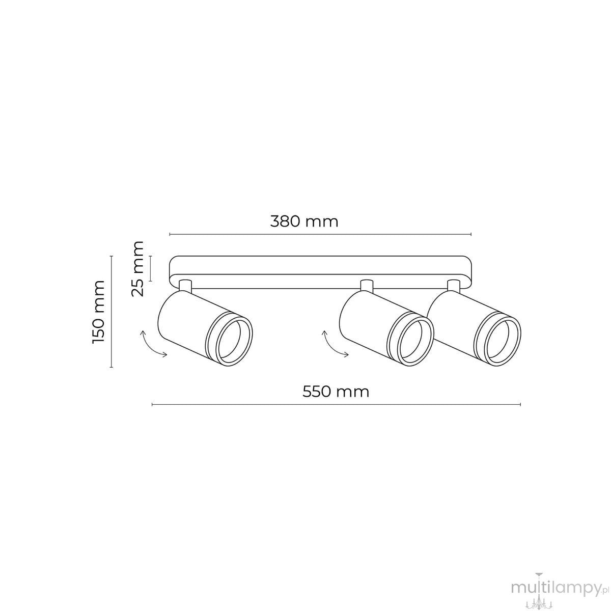 Czarna lampa sufitowa (spot) Jet, z trzema oprawami GU10. Wymiary: długość 550 mm, szerokość 380 mm, wysokość 150 mm. Prosty design z regulowanymi reflektorami, umieszczona na wąskiej listwie montażowej.