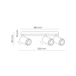 Czarna lampa sufitowa (spot) Jet, z trzema oprawami GU10. Wymiary: długość 550 mm, szerokość 380 mm, wysokość 150 mm. Prosty design z regulowanymi reflektorami, umieszczona na wąskiej listwie montażowej.