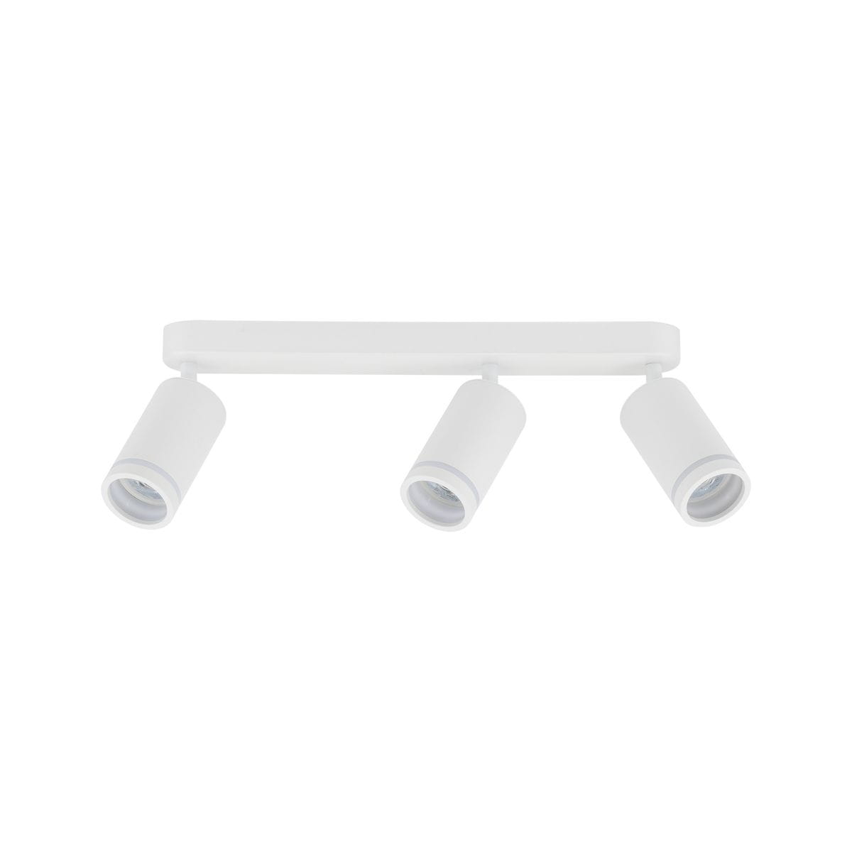Lampa sufitowa Jet z trzema punktami świetlnymi GU10 w białej obudowie. Ujęcie frontalne, prezentujące minimalistyczny design i cylindryczne klosze. Montaż na suficie, na jednolitym białym tle.